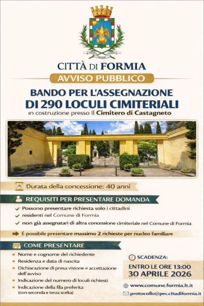 Avviso pubblico - Bando per l'assegnazione di 290 loculi cimiteriali in costruzione presso il Cimitero di Castagneto