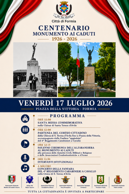 Celebrazioni del Centenario del Monumento ai Caduti di Formia - Venerdì 17 Luglio 2026