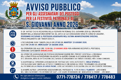 Avviso pubblico per gli assegnatari dei posteggi per la festività patronale di San Giovanni Battista 2026