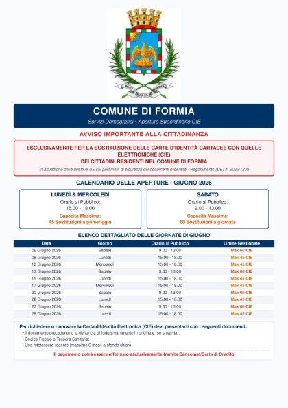 Carta d'identità elettronica: aperture straordinarie a Formia nel mese di giugno