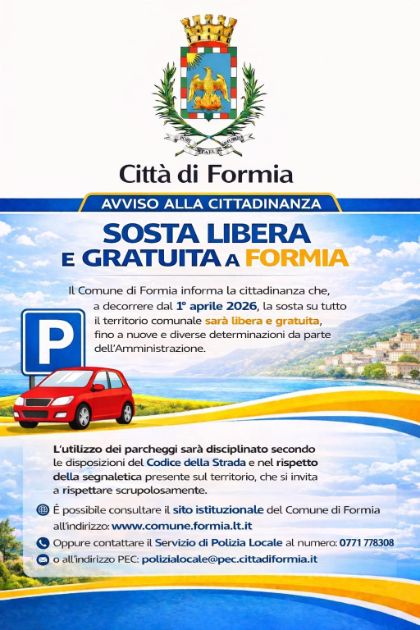 Sosta libera e gratuita sull'intero territorio comunale di Formia a partire dal 1° aprile 2026