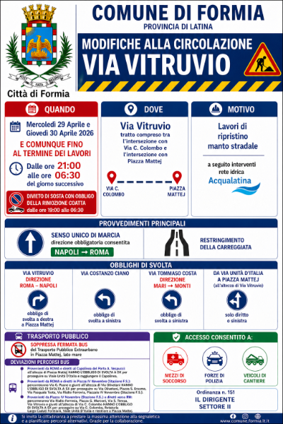 Locandina ordinanza lavori Via Vitruvio