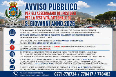 Avviso pubblico per gli assegnatari dei posteggi per la Festività Patronale di San Giovanni Battista